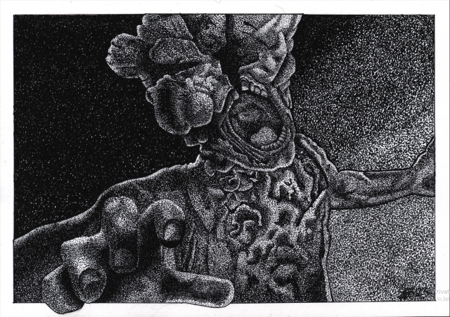 A dotwork image of a clicker zombie from the last of us screaming and reaching towards the viewer