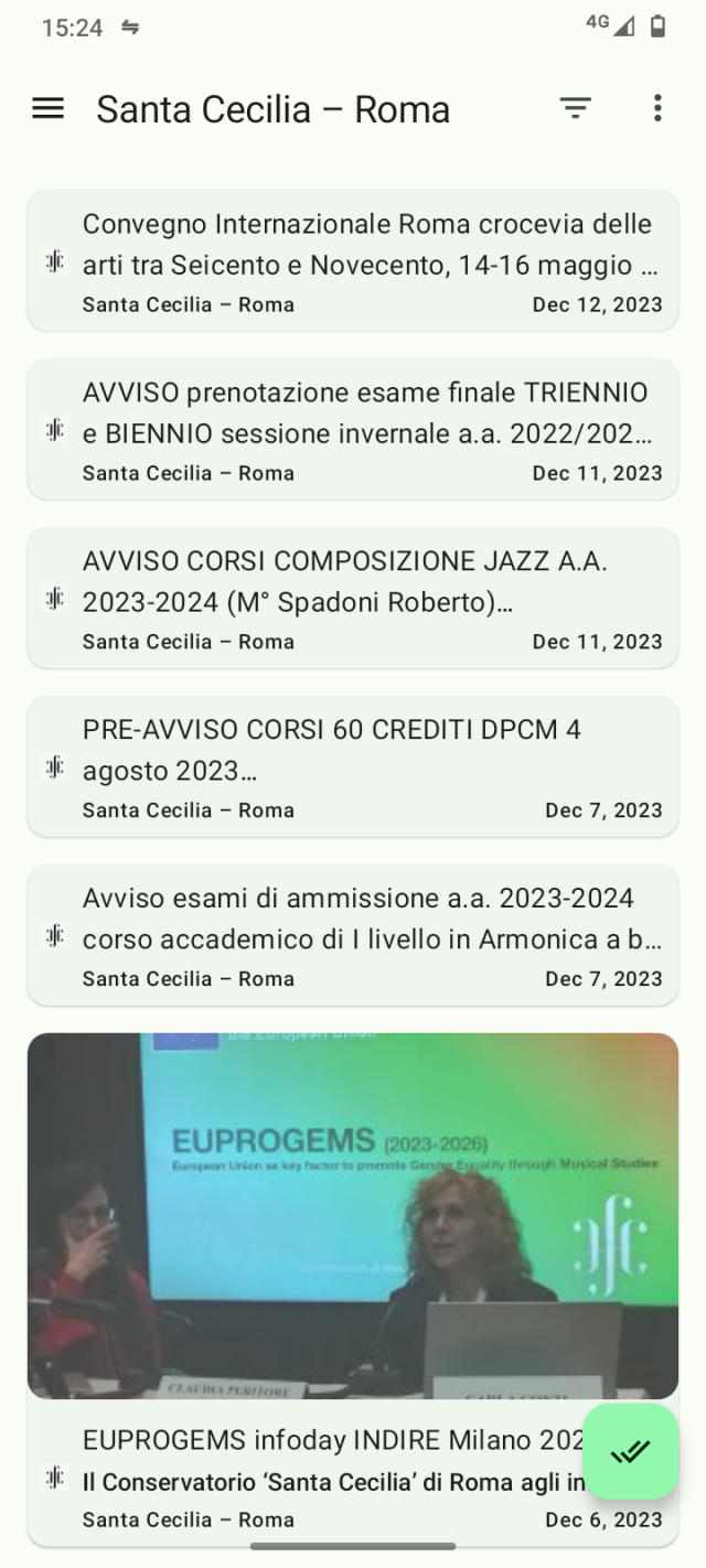 Screenshot di una schermata della app Feeder che mostra le ultime notizie del conservatorio Santa Cecilia di Roma