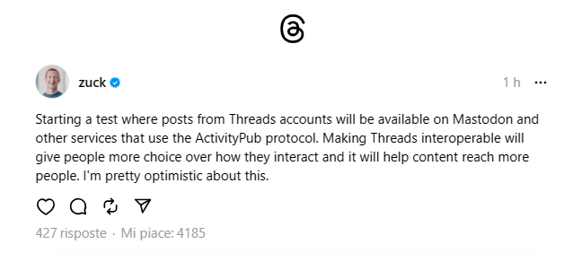 Starting a test where posts from Threads accounts will be available on Mastodon and other services that use the ActivityPub protocol. Making Threads interoperable will give people more choice over how they interact and it will help content reach more people. I'm pretty optimistic about this.