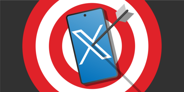 Microtargeting: uno smartphone con il logo di X Twitter viene infilzato da una freccia in corrispondenza del centro di un bersaglio a cerchi concentrici bianchi e rossi. Link: noyb.eu