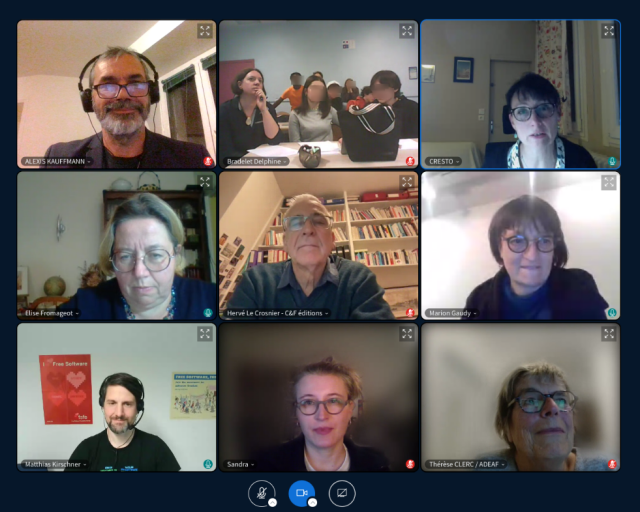 Screenshot from Big Blue Button video conferencing with 9 screens including Alexis, teachers and pupils, Sandra Brandstätter the illustrator, and myself.