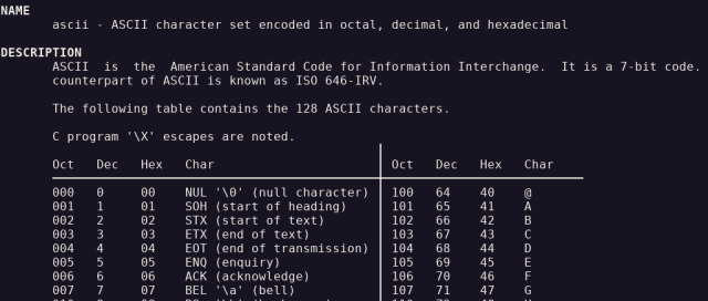 Screenshot of a portion of the manpage showing non-ascii vertical and horizontal lines to separate header from body and columns of the ASCII table