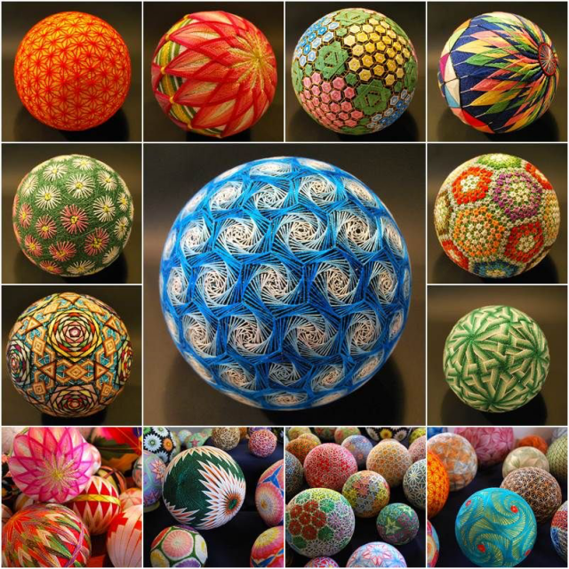 A collage of circular embroidered pieces.  Each ball is multi-coloured and intricately woven.