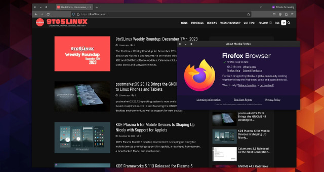 Screenshot of the Firefox 121 web browser showing the 9to5Linux.com website and the About Mozilla Firefox dialog.