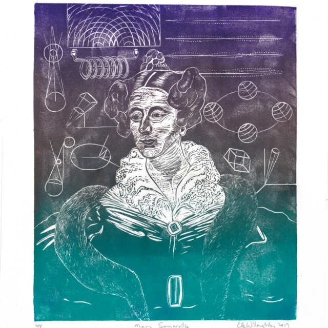 My linocut portrait of Mary Somerville in a dress with lace collar and fur trim, surrounded by math, physics and astronomy diagrams from her publications, in a gradient of turquoise at the bottom to violet at the top.