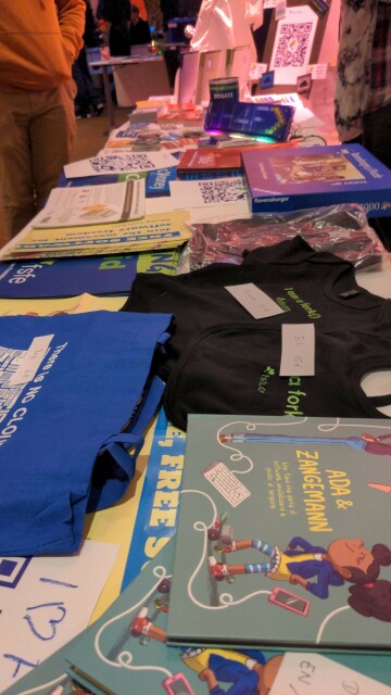 Photo of what is on the table of the FSFE booth at 37C3