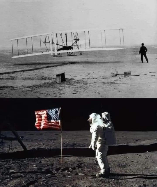 Two images; the top shows the first flight of the Wright Flyer, the second shows Buzz Aldrin on the Moon next to the US flag.