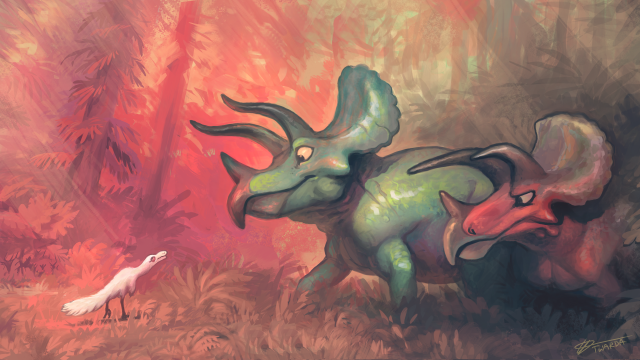 Two Triceratops meet a tiny white dromaeosaur. Digital painting.