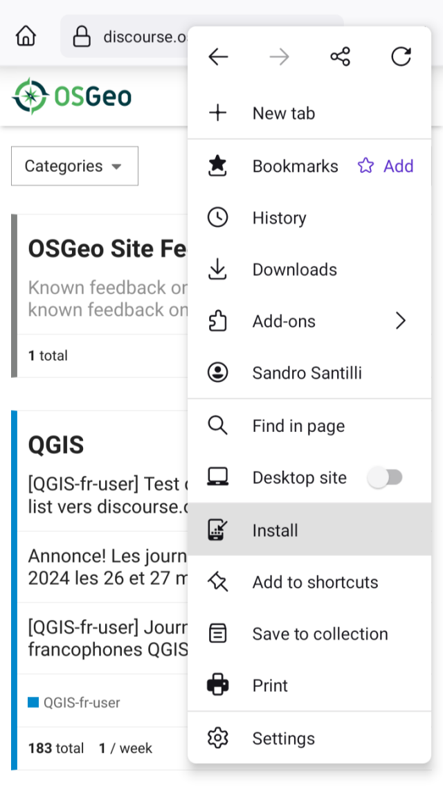 Screenshot of Firefox menu with the "install" voice highlighted