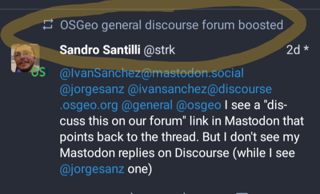 Screenshot of Tusky Mastodon client showing a notice of a Discourse forum account boosting a toot from a non-discourse account