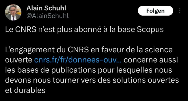 Screenshot des Tweets von Alain Schuhl zur Kündigung von Scopus durch CNRS, https://twitter.com/AlainSchuhl/status/1741742305042669692