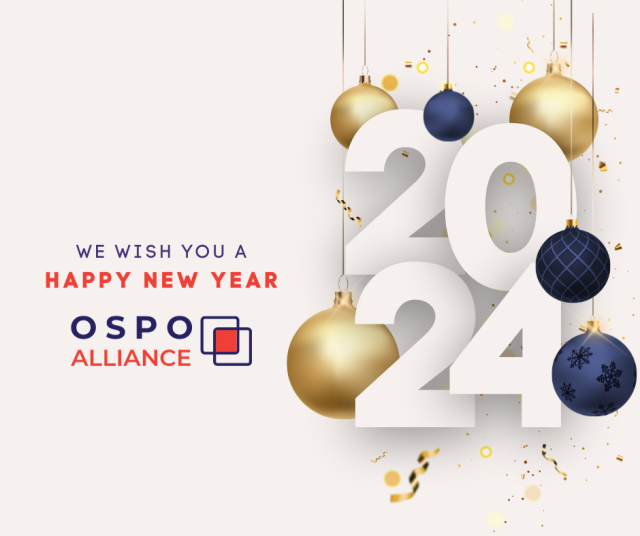 OSPO Alliance Happy New Year Card saying: "We wish you a Happy New Year" and the year number 2024 between Christmas tree baubles.