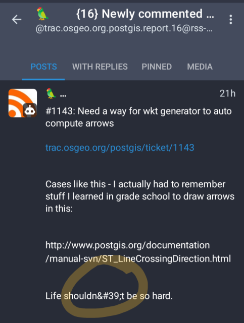 Screenshot of post from rss-pareot bot where an apostrophe is written as #39;