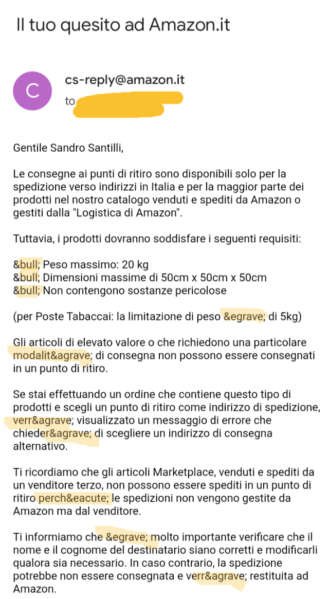 La mail malformata mostrata dal client di posta di Google per Android