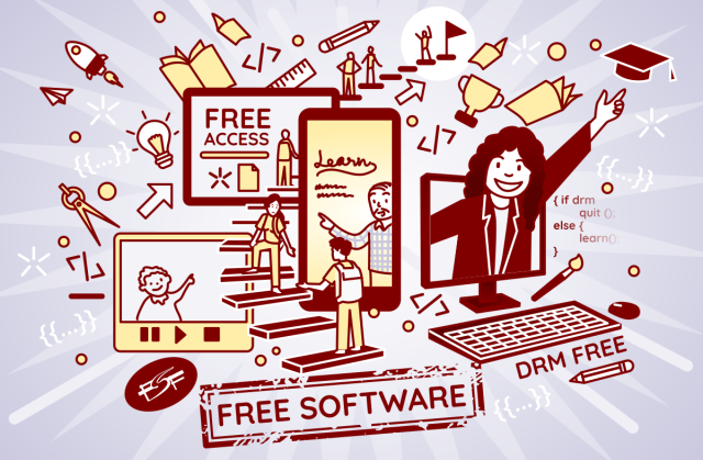 A stylized ladder surrounded by screens of various devices, with text like "free access," "DRM-free," and "free software."