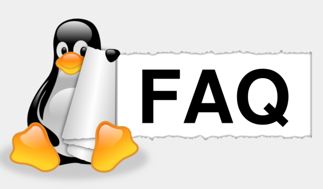 huge linux penguin holding a sign with FAQ