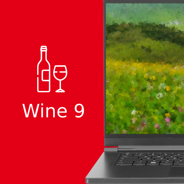 A split graphic with a wine bottle and glass with text "Wine 9". On the right a laptop screen.