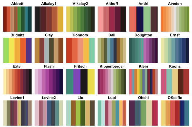 screenshot of many of the palettes available from {MoMAColors} package