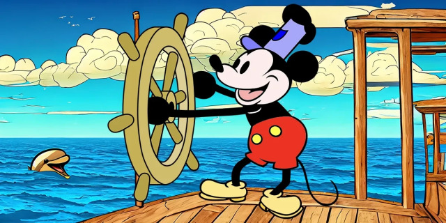 nel 2024 i primi cartoni animati con Topolino sono entrati nel pubblico dominio, tra cui questa illustrazione in cui Topolino è al timone di un battello, in mare, mentre un delfino lo guarda "sorridendo"
