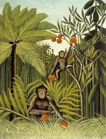 Dipinto di henry Rousseau che mostra una scena della jungla con due scimmie, una che salta sugli alberi, l'altra a terra che guarda "sorridendo" verso l'artista