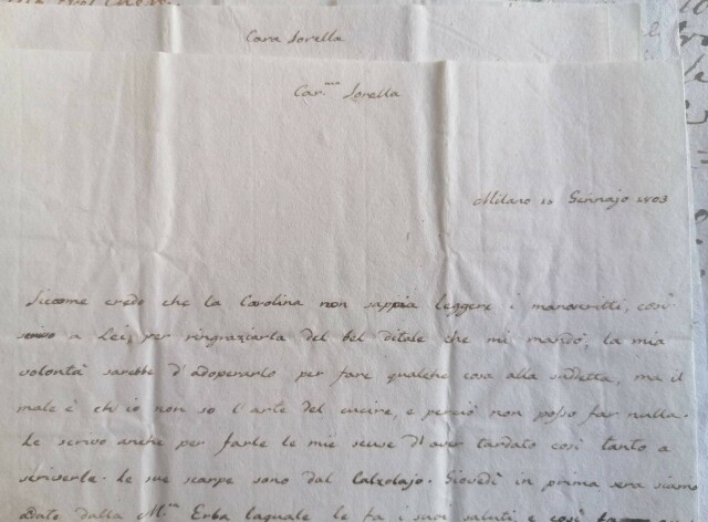 Lettera inviata da una sorella a un'altra, nella quale la scrivente ringrazia la nipotina Carolina, ancora troppo piccola per saper leggere i manoscritti, per il bel ditale che le mandò.