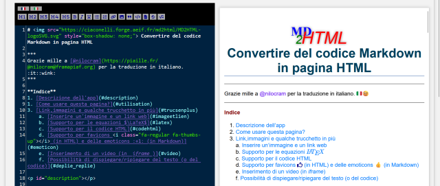 Copie d'écran de la page md2html traduite en italien.

Screenshot della pagina MD2HTML tradotta in italiano.