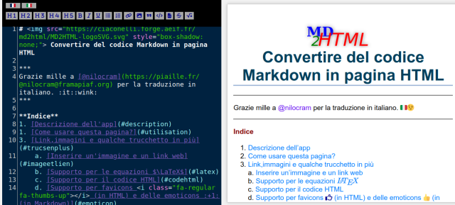 Convertire del codice Markdown in pagina HTML
Le due finestre dell'app: a sinistra il codice Markdown, a destra la pagina HTML
