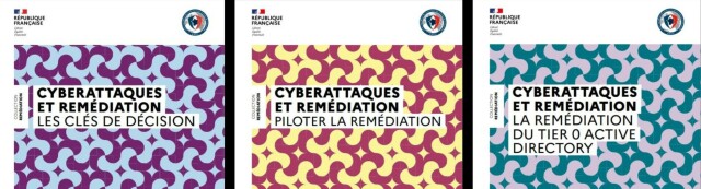 Trois couvertures des guides Cyberattaques et remédiation juxtaposées. Documents de l'ANSSI France.