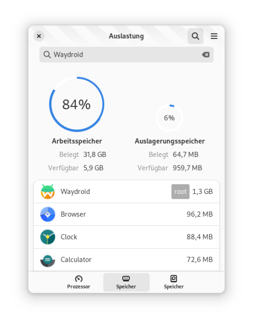 Screenshot of Usage displaying memory usage of the Waydroid system, and various Android default applications running inside Waydroid