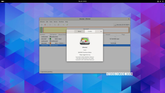 Screenshot of GParted 1.6 on the Arch Linux distribution, showing the main window and the About dialog.