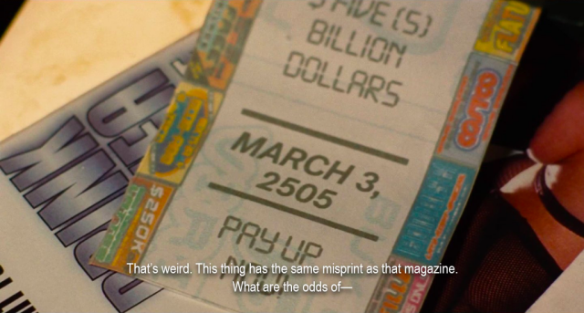 A receipt from a hospital labeled "March 3, 2505". The cost is $5 million dollars and the bottom of the receipt says "Pay up now". The caption reads, "That's weird. This thing has the same misprint as that magazine. What are the odds of—".