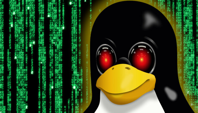 Tux the Penguin, posed on a Matrix credit-sequence 'code waterfall.' His eyes have been replaced with the menacing red eyes of HAL 9000 from Kubrick's '2001: A Space Odyssey.'

Image:
Cryteria (modified)
https://commons.wikimedia.org/wiki/File:HAL9000.svg

CC BY 3.0
https://creativecommons.org/licenses/by/3.0/deed.en