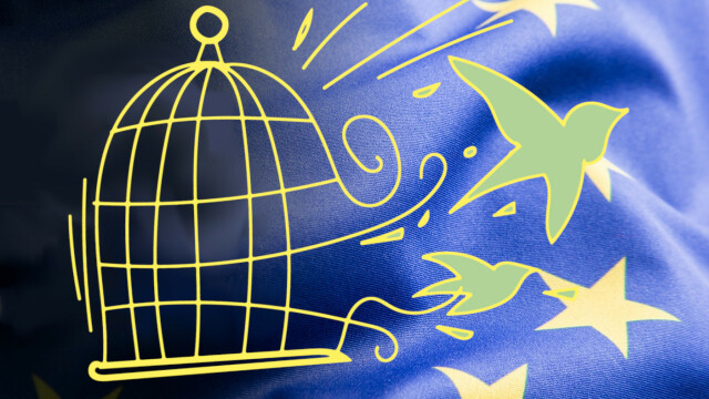 The image shows part of what appears to be an EU flag with an illustration of birds being released from a cage.