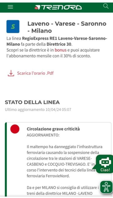L'annuncio sul sito Trenord che comunica la "grave criticità" sulla linea Laveno-Varese-Saronno-Milano