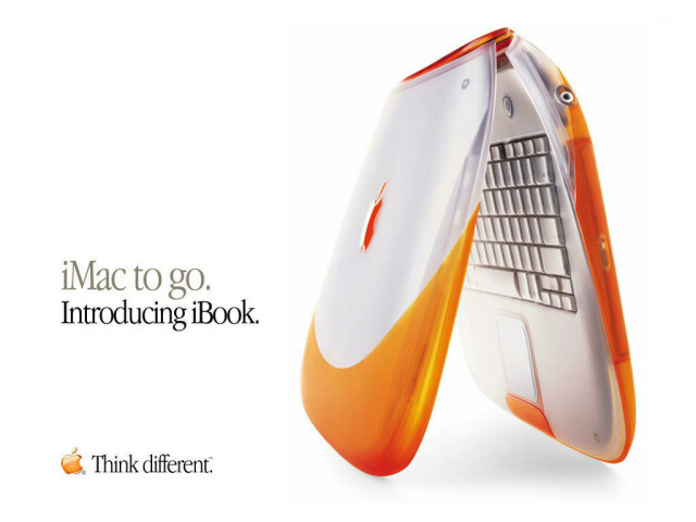 Pubblicità di Apple per promuovere i suoi portatili tra fine anni Novanta e primi Duemila. Un iBook G3 arancione aperto, ma con la cerniera in alto in modo da mantenerlo in piedi come un cavalletto, così da mostrare la tastiera e la mela di sbieco. Testo: "iMac to go. Introducing iBook." In basso, la mela-logo di Apple, anch'essa arancione con la celebre frase Think different.