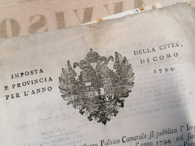 Parte di pubblicazione relativa all'imposta della città e provincia di Como per l'anno 1794. Documento a stampa su carta.
