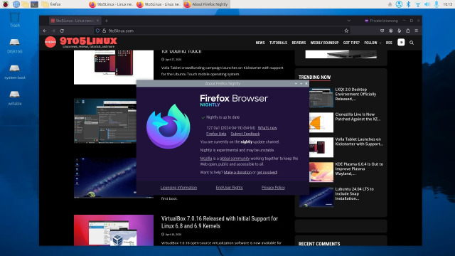 Screenshot of Mozilla Firefox Nightly running as ARM64 binary on Raspberry Pi 5.
