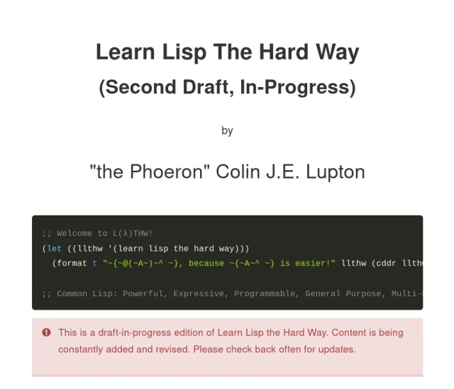 Home page del sito web "Learn Lisp The Hard Way" di Colin J.E. Lupton