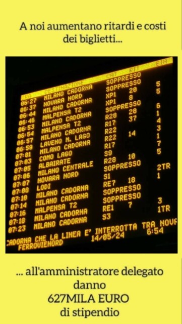 Il tabellone delle 6.54: soppressi i treni diretti a Cadorna delle 6.27, 6.53, 7.14; soppressi i Novara delle 6.37 e 7.07; soppresso il Malpensa delle 7.16. Ritardi e ritardini sparsi ovunque.
Il tutto col solito reminder dello stipendio dell'AD (627.000 euro)