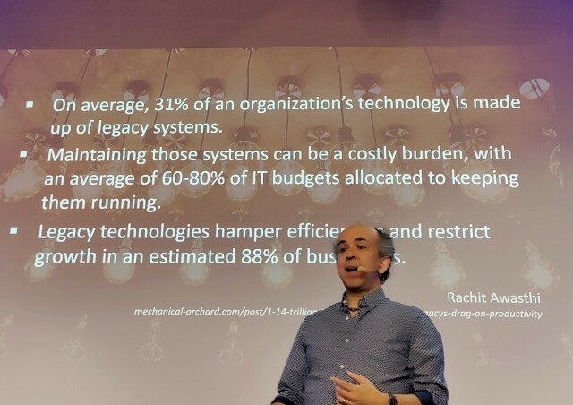 On average, 31% of an organization's technology is made up of legacy systems.

Maintaining those systems can be a costly burden, with an average of 60-80% of IT budgets allocated to keeping them running.

Legacy technologies hamper efficiency and restrict growth in an estimated 88% of businesses.

-- Rachit Awasthi