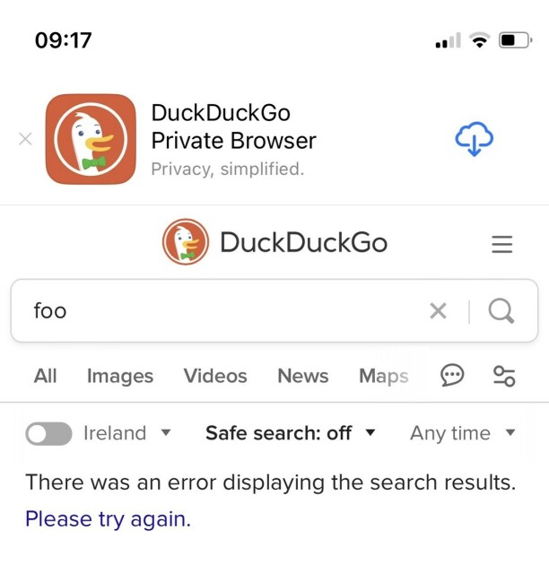 DuckDuckGo search for foo @ 09:17: there was an error displaying your search results.