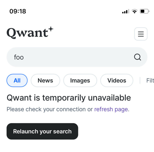Qwant search for foo at 09:18: Qwant is temporarily unavailable.