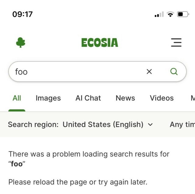 Ecosia search for foo @ 09:17: There was a problem loading search results for “foo”