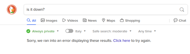 Duckduckgo search gives an error, even tryng from totally different source IP.