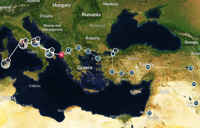 La mappa del percorso di Ciubekka, dalla Sardegna alla Terra Santa