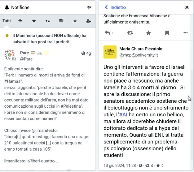 Porzione di schermata
A sinistra, tra le notifiche, il messaggio citato riguardo a il manifesto, che appare in quanto "salvato tra i preferiti" dall'"account non ufficiale" del giornale, che parla dei 4 ostaggi israeliani liberati al costo di 210 palestinesi uccisi.
A destra il messaggio citato di Maria Chiara Pievatolo che resoconta come in un intervento contro il boicottaggio universitario degli accordi con israele si menzionino anche i 3 o 4 morti al giorno patiti da Israele.