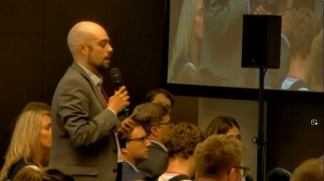 Image showing FSFE Legal Project Manager, Lucas Lasota, talking at the conference