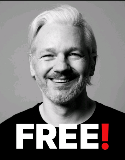 Un portrait souriant d'Assange (ca. 2010-2012) avec la mention "FREE!" en grosse lettres bien grasses, un point d'exclamation (en rouge) ressortant du lot