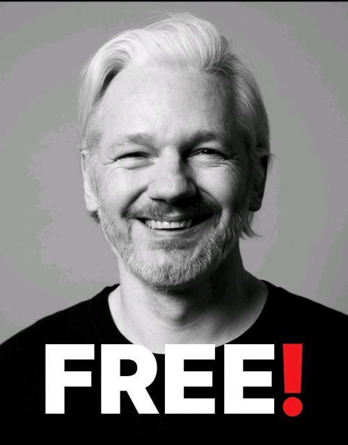 A portrait of smiling Julian Assange (cerca 2010-2012), with big bold letters saying "FREE!" with an exclamation mark distinct, in red.