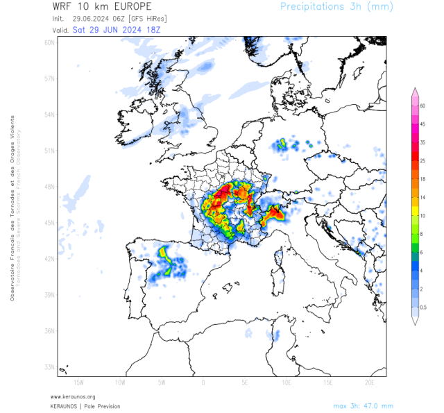 Modello precipitazioni dal sito keraunos org.
Per le 18 GMT di sabato 29 giugno è previsto un pizzocchero di precipitazioni sull'Insubria.